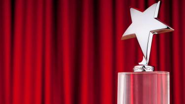 Silvery trophy with a star topper on a red curtain background