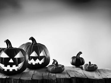 Black and white image of carved pumpkins