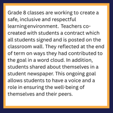 Grade 8 classes are working to create a safe, inclusive and respectful learning environment.  Teachers co-created with students a contract which all students signed and is posted on the classroom wall. They reflected at the end of term on ways they had contributed to the goal in a word cloud. In addition, students shared about themselves in a student newspaper. This ongoing goal allows students to have a voice and a role in ensuring the well-being of themselves and their peers.