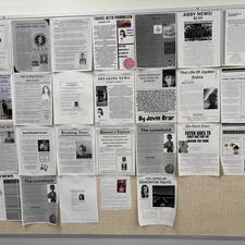 Bulletin board with student work posted